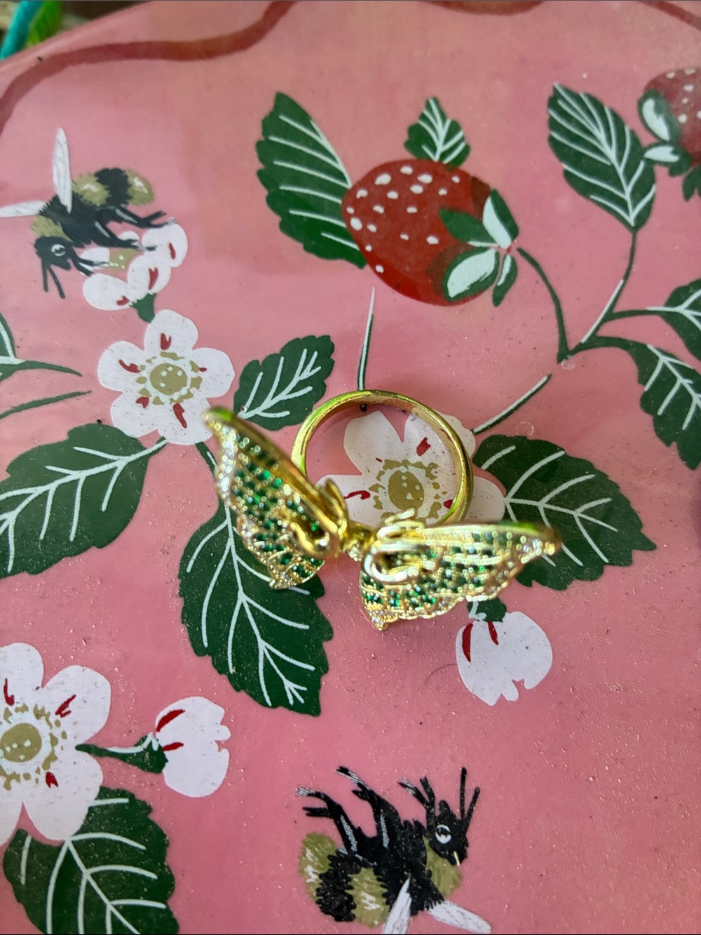 Gold Butterfly Wing Ring with Green Accents - Women Jewelry